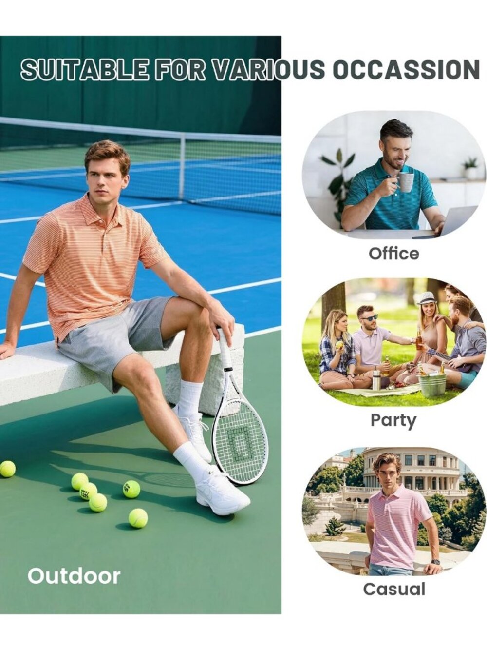 5 Pack Men's Golf Polo Shirts - Striped, Short Sleeve, UPF 50+, Moisture - Picture 2 of 5